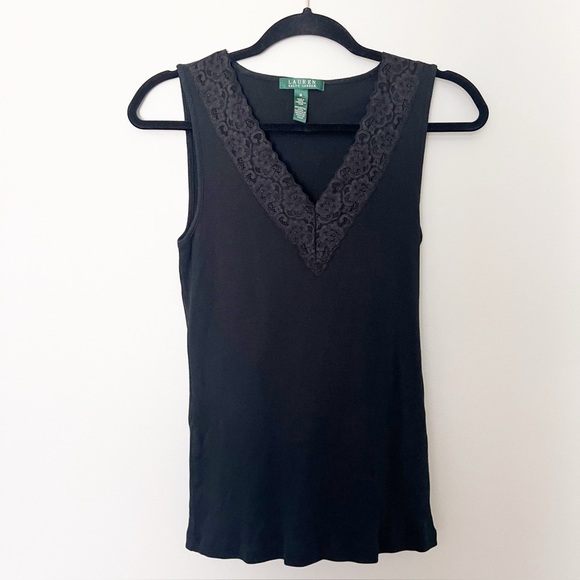 2/25 Lauren Ralph Lauren Lace V Neck Tank Top Vintage 90s Y2K black womens m - Picture 1 of 4